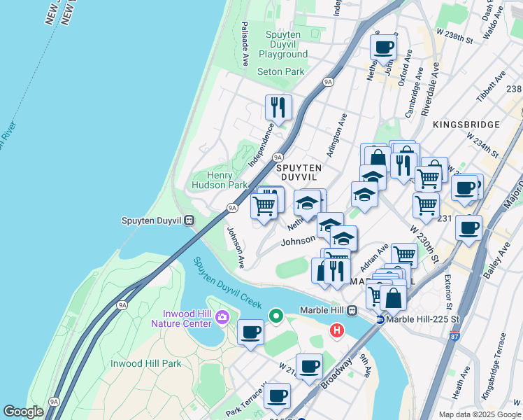 map of restaurants, bars, coffee shops, grocery stores, and more near in The Bronx