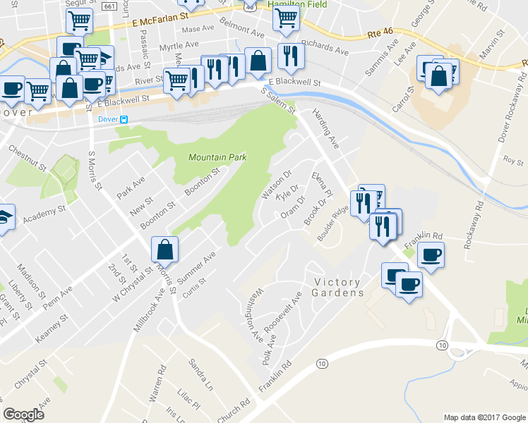 map of restaurants, bars, coffee shops, grocery stores, and more near 122 Watson Drive in Dover
