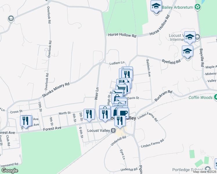 map of restaurants, bars, coffee shops, grocery stores, and more near 1 Church Street in Locust Valley