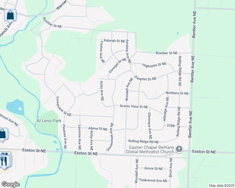 map of restaurants, bars, coffee shops, grocery stores, and more near 7105 Woodell Avenue Northeast in Canton
