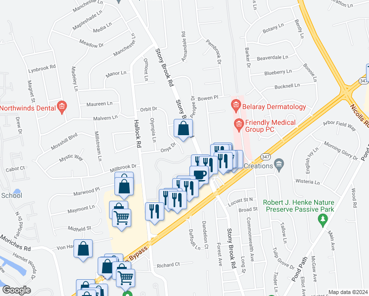 map of restaurants, bars, coffee shops, grocery stores, and more near 33 Orbit Drive in Stony Brook