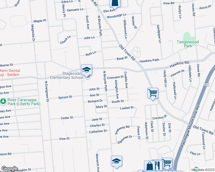 map of restaurants, bars, coffee shops, grocery stores, and more near 177 North Bicycle Path in Selden