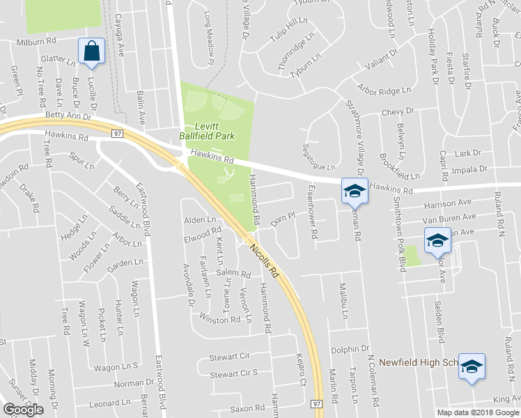 map of restaurants, bars, coffee shops, grocery stores, and more near 185 Hammond Road in Centereach