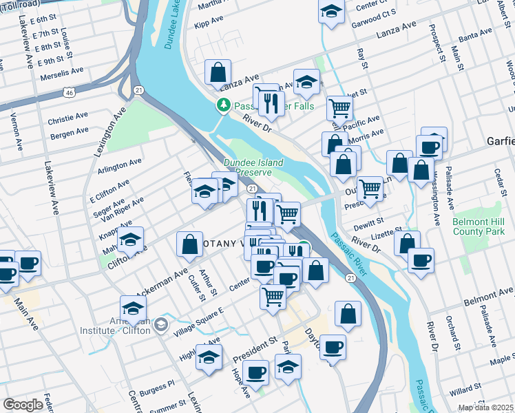 map of restaurants, bars, coffee shops, grocery stores, and more near 64 Cheever Avenue in Clifton