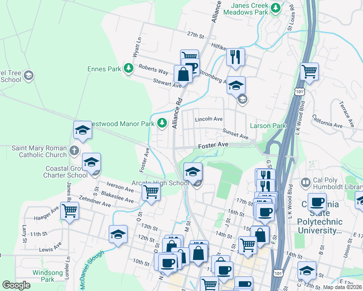map of restaurants, bars, coffee shops, grocery stores, and more near 2100 Western Avenue in Arcata
