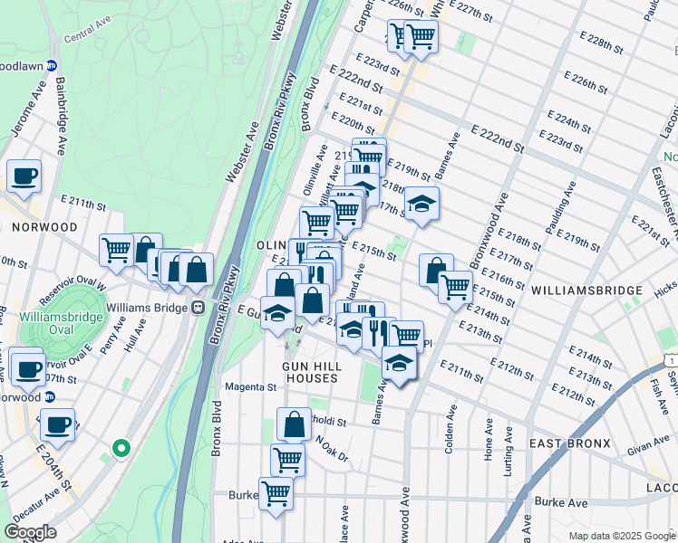 map of restaurants, bars, coffee shops, grocery stores, and more near 706 E 214th St in Bronx