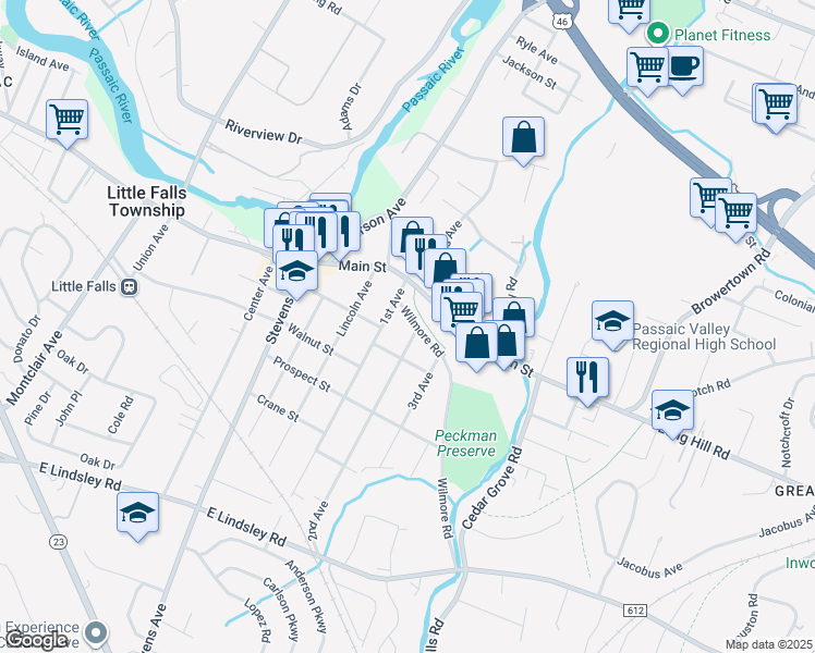 map of restaurants, bars, coffee shops, grocery stores, and more near 15 Wilmore Road in Little Falls