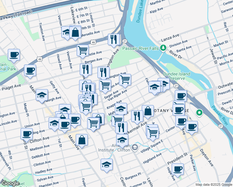 map of restaurants, bars, coffee shops, grocery stores, and more near 140 Van Riper Avenue in Clifton