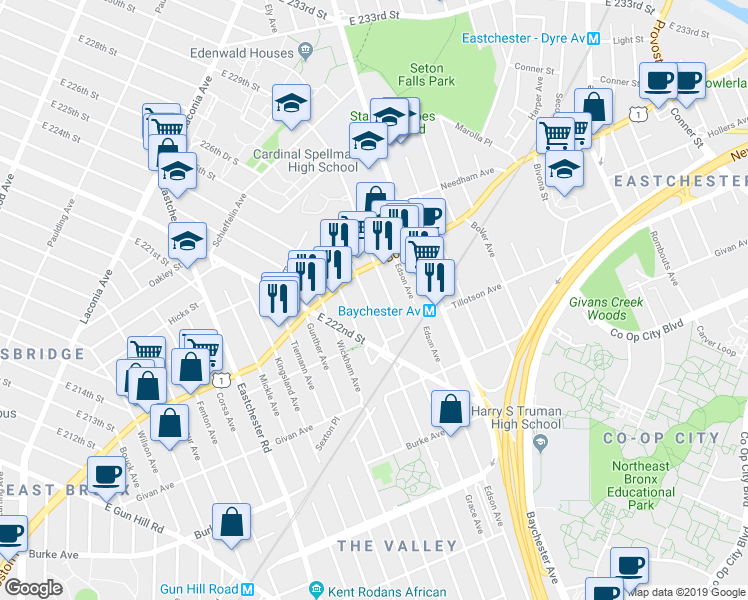 map of restaurants, bars, coffee shops, grocery stores, and more near 3440 Ely Avenue in Bronx