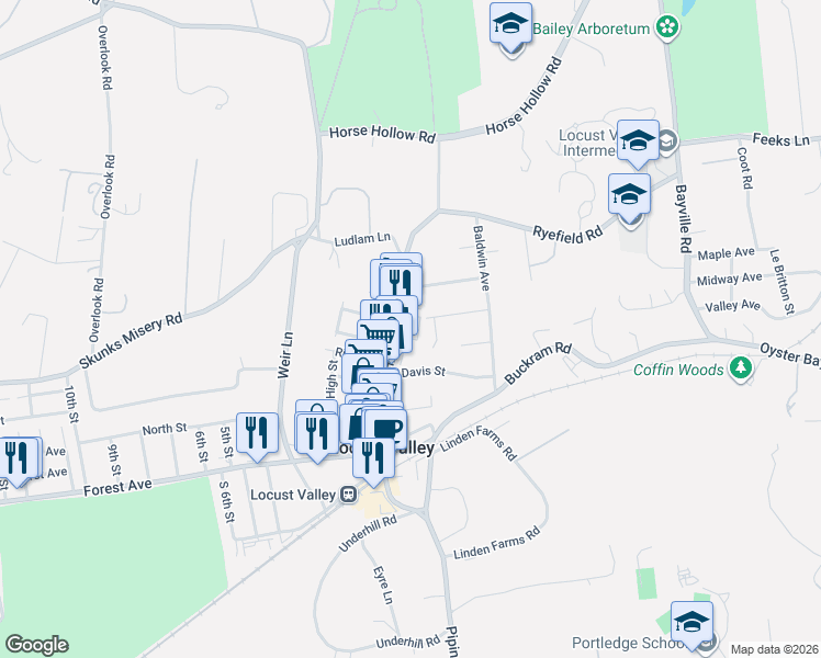 map of restaurants, bars, coffee shops, grocery stores, and more near 200 Birch Hill Rd in Locust Valley