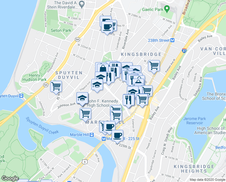 map of restaurants, bars, coffee shops, grocery stores, and more near 281 West 230th Street in Bronx