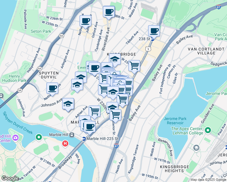 map of restaurants, bars, coffee shops, grocery stores, and more near 238 West 231st Street in Bronx