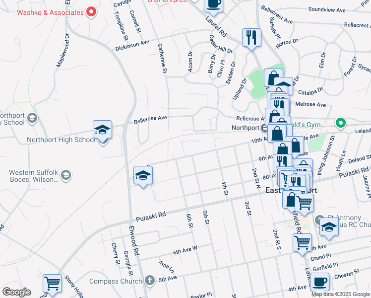 map of restaurants, bars, coffee shops, grocery stores, and more near 6 Lexington Court in East Northport