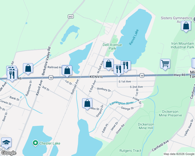 map of restaurants, bars, coffee shops, grocery stores, and more near in Roxbury Township
