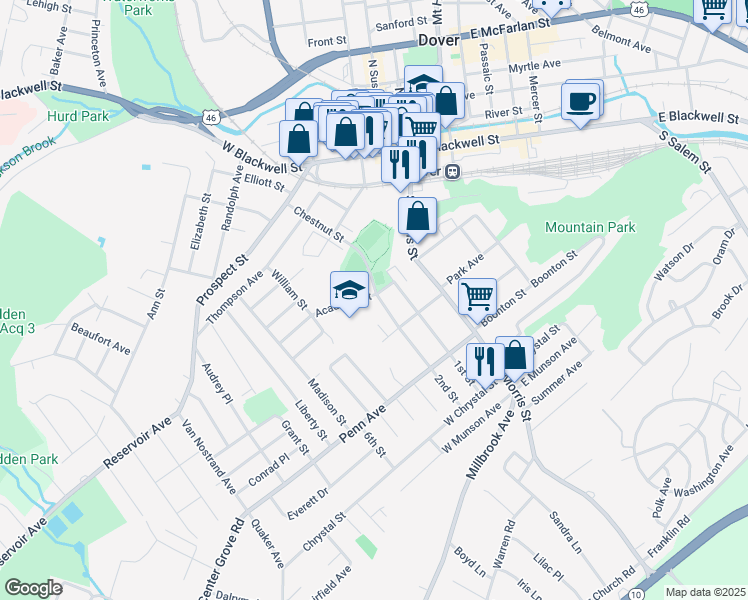 map of restaurants, bars, coffee shops, grocery stores, and more near 94 Academy Street in Dover
