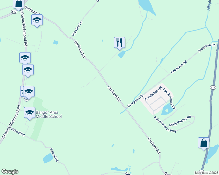 map of restaurants, bars, coffee shops, grocery stores, and more near 685 Orchard Road in Mount Bethel