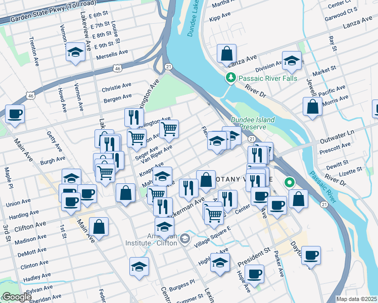 map of restaurants, bars, coffee shops, grocery stores, and more near 81 Knapp Avenue in Clifton