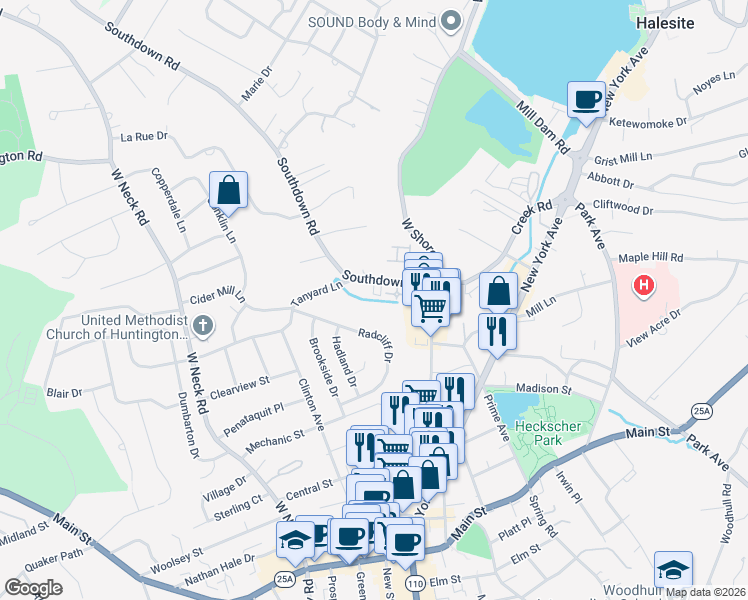 map of restaurants, bars, coffee shops, grocery stores, and more near 36 Southdown Rd in Huntington