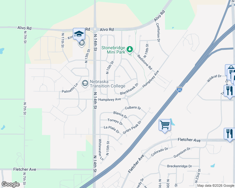 map of restaurants, bars, coffee shops, grocery stores, and more near 1621 Blackhawk Drive in Lincoln