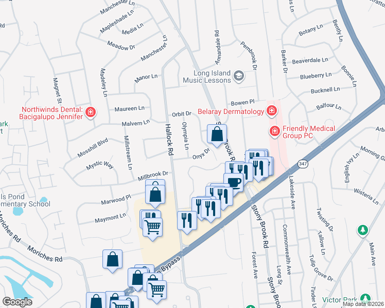 map of restaurants, bars, coffee shops, grocery stores, and more near 7 Onyx Drive in Stony Brook