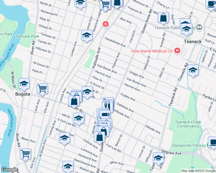 map of restaurants, bars, coffee shops, grocery stores, and more near 489 Palmer Avenue in Teaneck
