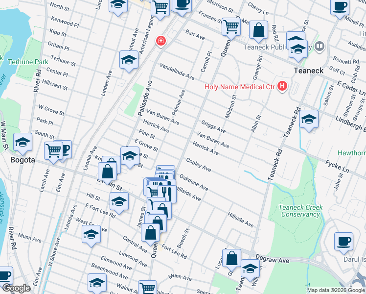 map of restaurants, bars, coffee shops, grocery stores, and more near 506 Queen Anne Road in Teaneck