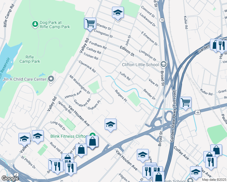 map of restaurants, bars, coffee shops, grocery stores, and more near 68 Rutgers Place in Clifton