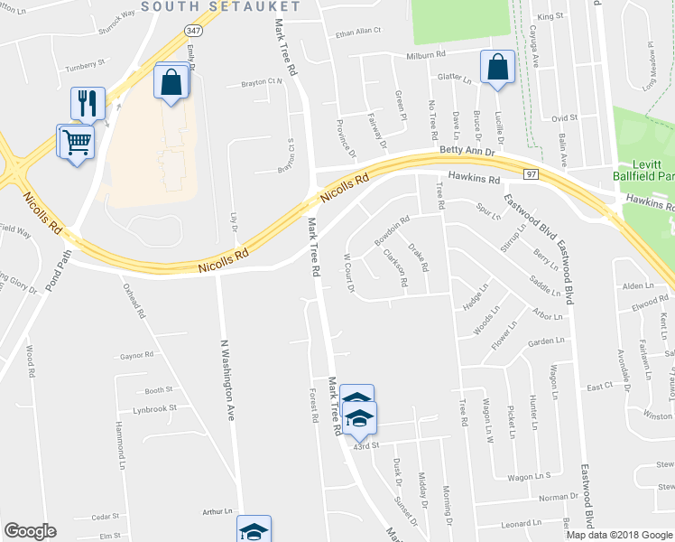 map of restaurants, bars, coffee shops, grocery stores, and more near 65 Pat Court in Centereach