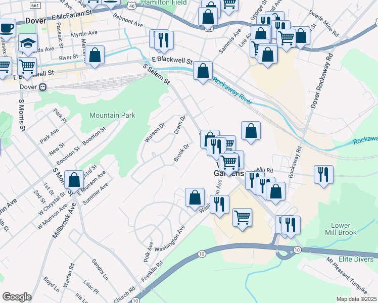 map of restaurants, bars, coffee shops, grocery stores, and more near Boulder Ridge Drive in Randolph
