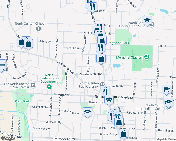 map of restaurants, bars, coffee shops, grocery stores, and more near 315 Royer Avenue Northwest in North Canton