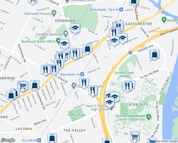 map of restaurants, bars, coffee shops, grocery stores, and more near 2011 Tillotson Avenue in The Bronx