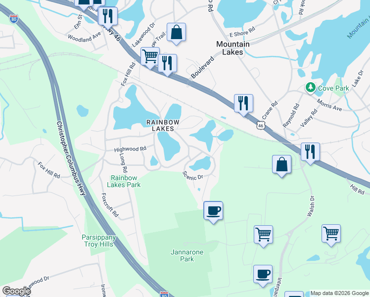 map of restaurants, bars, coffee shops, grocery stores, and more near 34 Upper Rainbow Tr in Denville