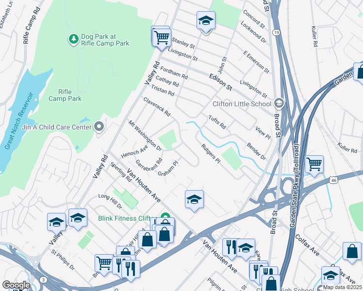 map of restaurants, bars, coffee shops, grocery stores, and more near 46 Mount Washington Drive in Clifton