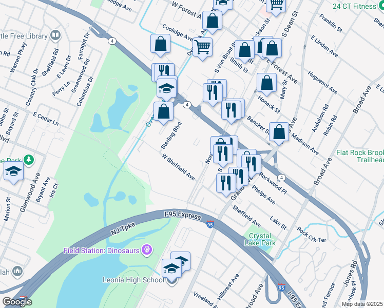 map of restaurants, bars, coffee shops, grocery stores, and more near 500 Nordhoff Place in Englewood