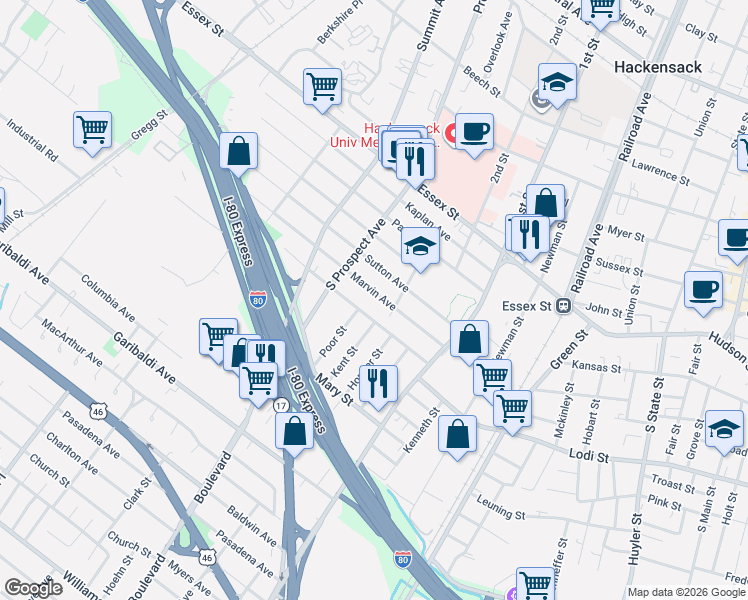 map of restaurants, bars, coffee shops, grocery stores, and more near 305 Marvin Avenue in Hackensack