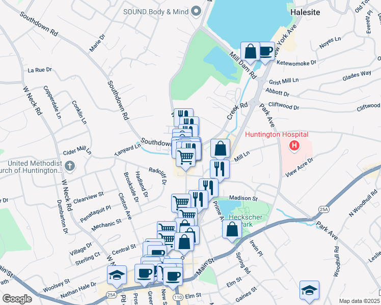 map of restaurants, bars, coffee shops, grocery stores, and more near 232 Wall Street in Huntington