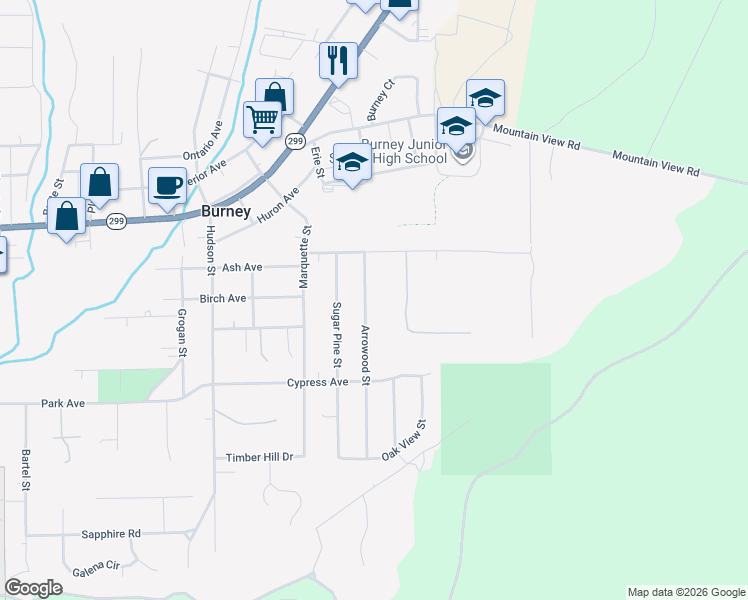 map of restaurants, bars, coffee shops, grocery stores, and more near 20311 Arrowood St in Burney