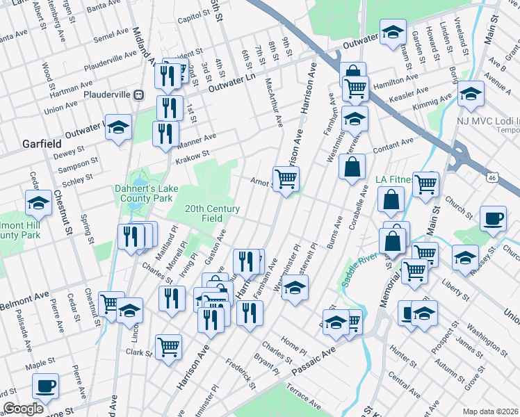 map of restaurants, bars, coffee shops, grocery stores, and more near 363 Macarthur Avenue in Garfield