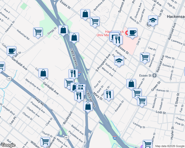 map of restaurants, bars, coffee shops, grocery stores, and more near 147 South Prospect Avenue in Hackensack