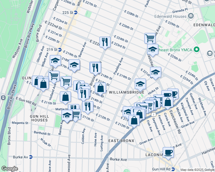 map of restaurants, bars, coffee shops, grocery stores, and more near 3713 Paulding Avenue in Bronx