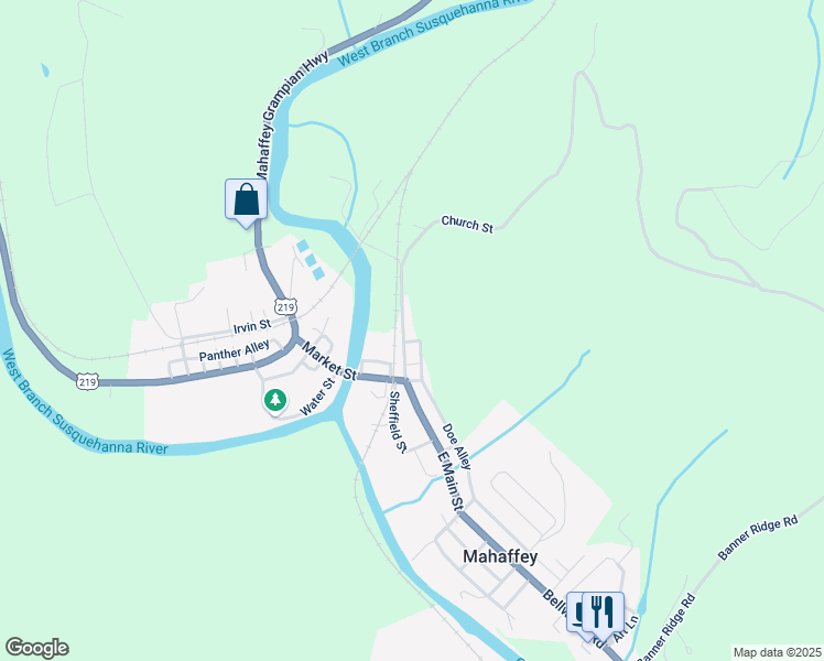 map of restaurants, bars, coffee shops, grocery stores, and more near 116 Church St in Mahaffey