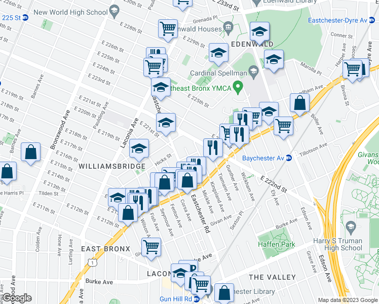 map of restaurants, bars, coffee shops, grocery stores, and more near 1601 Chester Street in Bronx