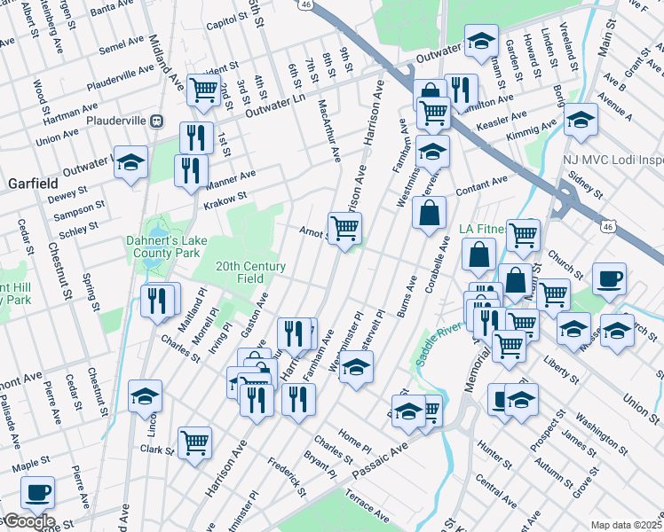 map of restaurants, bars, coffee shops, grocery stores, and more near 399 Harrison Avenue in Garfield