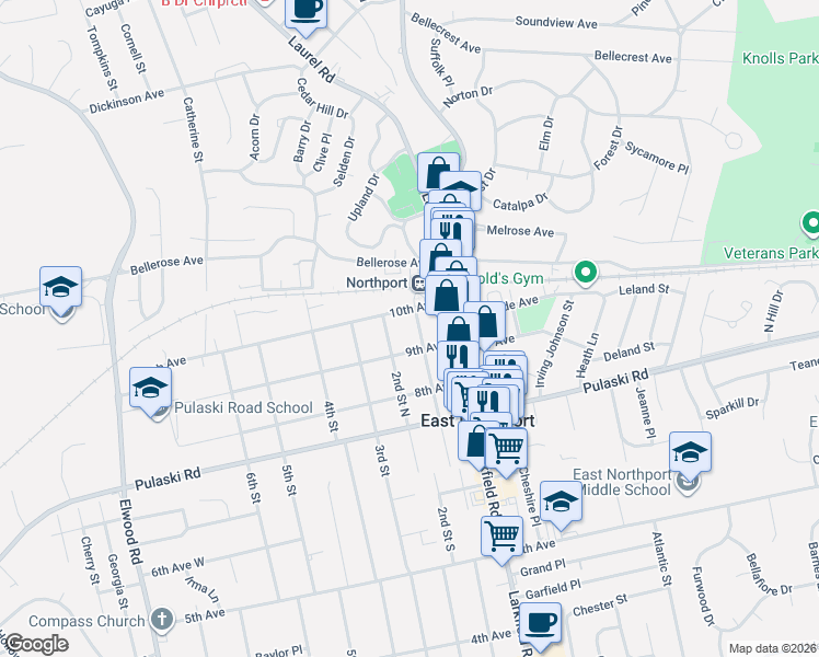 map of restaurants, bars, coffee shops, grocery stores, and more near 910 2nd Street North in East Northport
