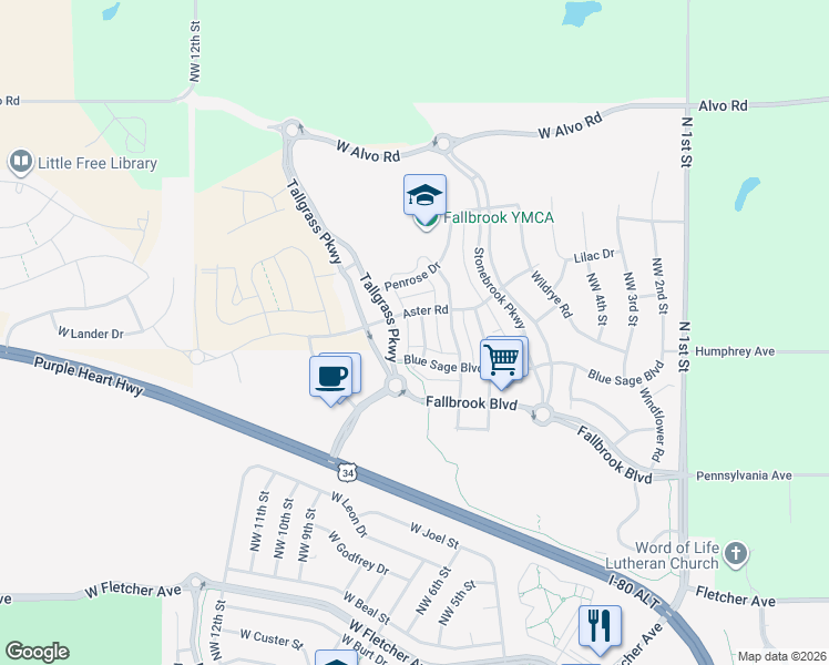 map of restaurants, bars, coffee shops, grocery stores, and more near 6727 Northwest 8th Street in Lincoln