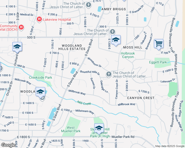 map of restaurants, bars, coffee shops, grocery stores, and more near 913 Sunset Drive in Bountiful