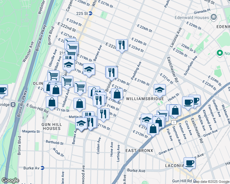 map of restaurants, bars, coffee shops, grocery stores, and more near 931 East 216th Street in The Bronx