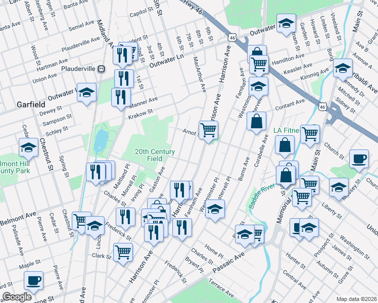 map of restaurants, bars, coffee shops, grocery stores, and more near 363 Macarthur Avenue in Garfield