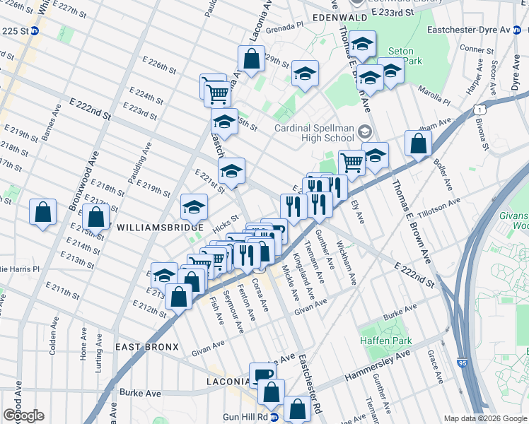 map of restaurants, bars, coffee shops, grocery stores, and more near 1601 Chester Street in The Bronx