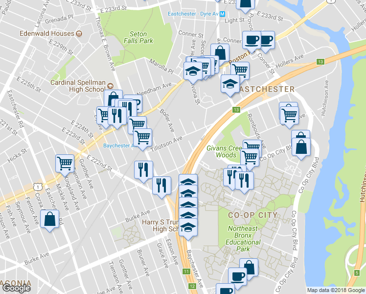 map of restaurants, bars, coffee shops, grocery stores, and more near 3310 Boller Avenue in Bronx